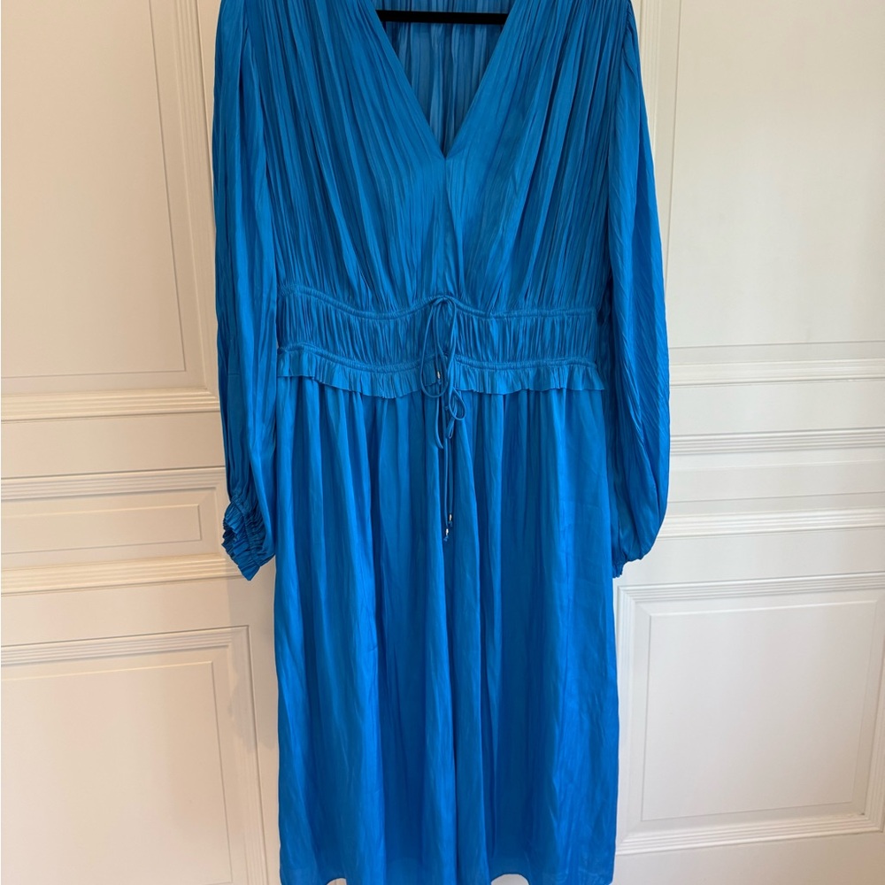 Elie Tahari Vibrant Blue Long-Sleeve V-Neck Midi Dress large (fits like 14-16)